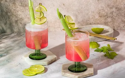 Deux Sarti Spritz pétillants, garniture de céleri et rondelles de citron vert.