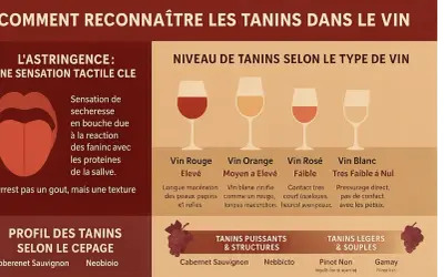 Infographie expliquant comment reconnaître les tanins dans le vin, leur niveau selon le type de vin et leur profil selon le cépage. Le tanin est une sensation tactile clé.