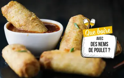 Nems croustillants trempés dans une sauce. La question se pose : quel vin avec des nems de poulet ?