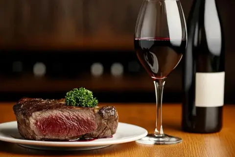 Un savoureux steak, un type de viande rouge juteuse, est servi avec un verre de vin rouge et une bouteille.