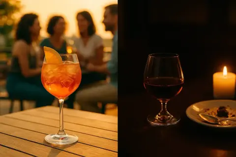 Un cocktail orange pétillant et un verre de digestif ambré, éclairé par une bougie.