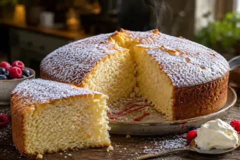 Un gâteau crème mascarpone facile, saupoudré de sucre glace, servi avec des fruits rouges et une cuillère de crème fouettée.