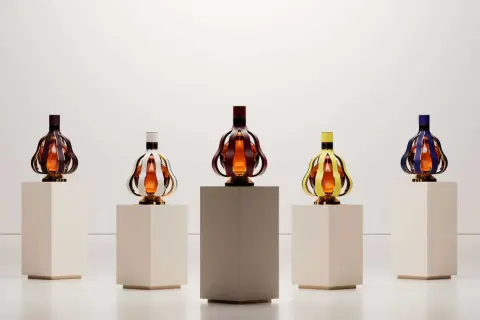 Cinq bouteilles de vin aux formes originales, aux couleurs vives, présentées sur des socles. Une nouvelle tendance vin qui allie art et dégustation.