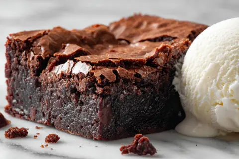 Un brownie au chocolat fondant, parfait pour une recette facile, servi avec une boule de glace à la vanille.