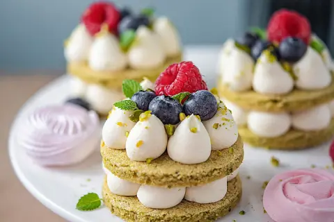 Petits gâteaux verts garnis de ganache montée chocolat blanc facile, fruits rouges et pistaches. Meringues roses en arrière-plan.