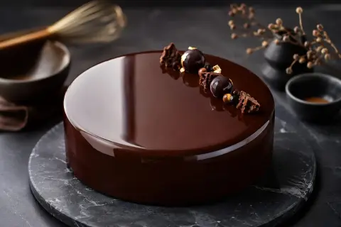 Gâteau au chocolat avec un glaçage miroir parfait, décoré de sphères chocolatées et de morceaux croustillants.