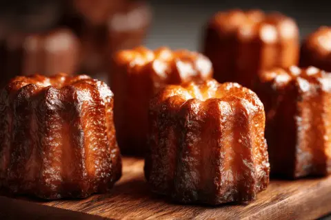 Plusieurs cannelés dorés et caramélisés sur une planche en bois.
