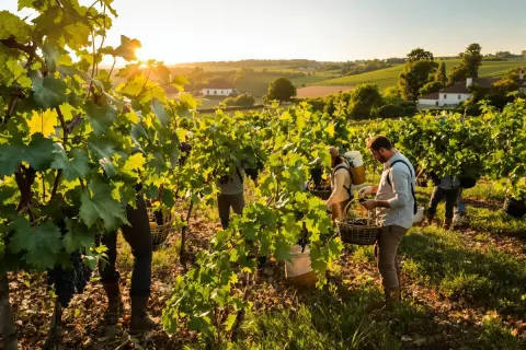 Travailleurs récoltant des grappes de raisin dans un vignoble ensoleillé. Les vendanges en Bourgogne battent leur plein, promesse d'un grand cru.