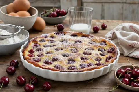Clafoutis aux cerises, prêt à être dégusté. Peut-on faire un clafoutis la veille ? Oui, et il sera tout aussi délicieux le lendemain !