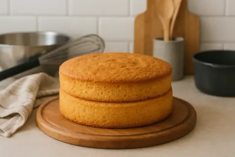 Deux disques de génoise dorée, prêts pour une recette de layer cake. Ustensiles de pâtisserie en arrière-plan.