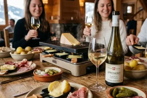 Ambiance chaleureuse autour d'une raclette fumante, accompagnée de pommes de terre, charcuterie et d'un verre de vin blanc, peut-être un Pouilly-Fumé pour sublimer ce moment gourmand.