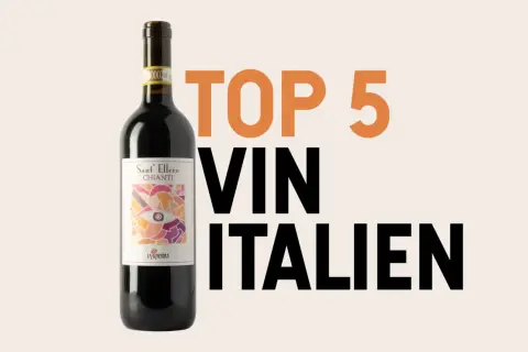 Bouteille de vin rouge italien avec l'étiquette "Sant'Ellero Chianti". Texte "TOP 5 VIN ITALIEN" suggérant une signification IGT.