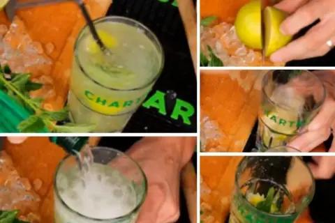 Préparation d'un cocktail rafraîchissant à la Chartreuse, avec de la menthe et du citron vert.
