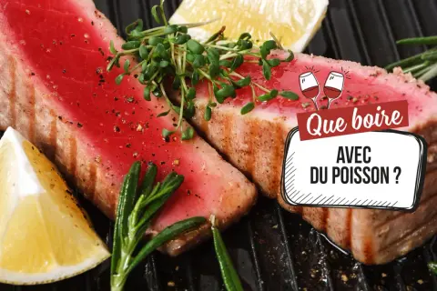 Deux beaux steaks de thon grillés, ornés de pousses fraîches et de quartiers de citron, posés sur un grill. Une question se pose : quel vin rouge pour accompagner ce poisson ?