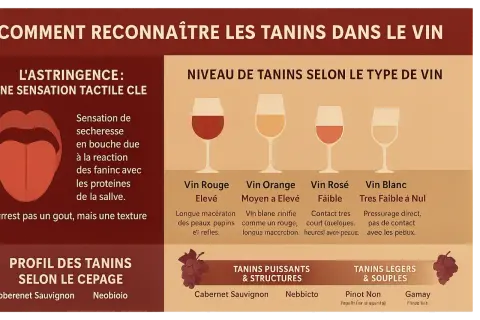 Infographie expliquant comment reconnaître les tanins dans le vin, leur niveau selon le type de vin et leur profil selon le cépage. Le tanin est une sensation tactile clé.