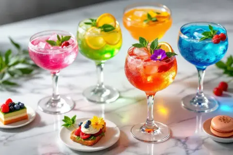 Cinq cocktails estivaux colorés, garniture de fruits et menthe, sur une table marbrée. Un délice pour les yeux et les papilles.