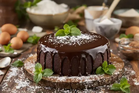 Un délicieux gâteau au chocolat, nappé de glaçage brillant et décoré de menthe fraîche. Des ingrédients de pâtisserie sont disposés autour.