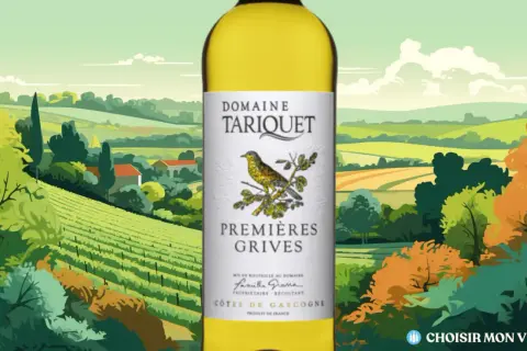 Bouteille de vin blanc "Domaine Tariquet Premières Grives" sur fond de paysage champêtre. Un vin qui pourrait bien être le meilleur vin du monde.