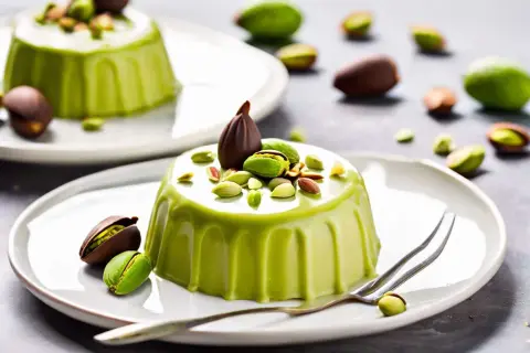 Délicieux dessert vert vif, une ganache pistache onctueuse, garnie de pistaches croquantes et d'une touche de chocolat.