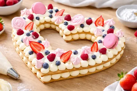 Un magnifique number cake en forme de cœur, décoré de fruits rouges, macarons roses et meringues. Un vrai délice pour les yeux et les papilles !