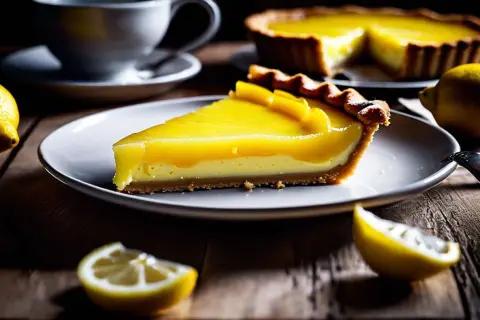 Une part de tarte citron, crémeuse et brillante, sur une assiette blanche. Des citrons frais et une tasse de café complètent ce tableau gourmand.