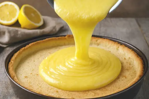 Une ganache citron onctueuse est versée dans une tartelette dorée. Des citrons frais sont visibles en arrière-plan.