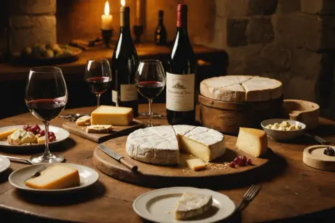 Un festin de fromages variés, dont un Mont d'Or crémeux, accompagné de vin rouge et de raisins, dans une ambiance chaleureuse.