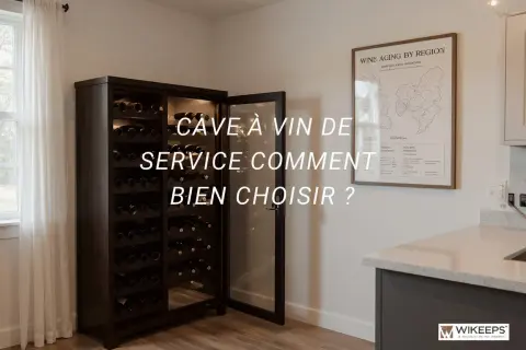 Une cave à vin moderne remplie de bouteilles, idéale pour le vin de garde. Une carte des régions de vieillissement du vin est accrochée au mur.