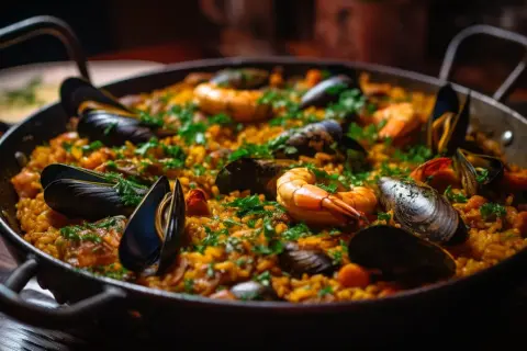 Paella aux fruits de mer, un plat savoureux. Quel vin avec une paella ? Un blanc sec ou un rosé léger serait parfait.
