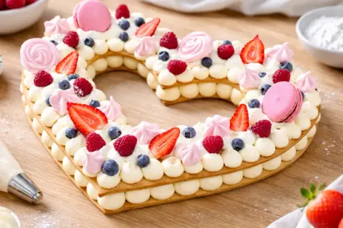 Un magnifique number cake en forme de cœur, garni de crème, framboises, fraises, myrtilles et macarons roses.