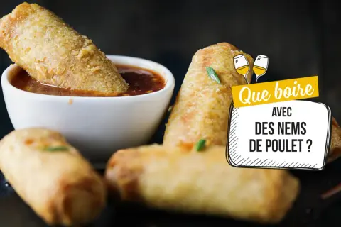 Nems croustillants trempés dans une sauce. La question se pose : quel vin avec des nems de poulet ?