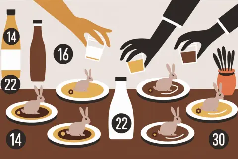 Des lapins sur des assiettes, des bouteilles et des mains versent des liquides. Quel vin avec du lapin ? Les chiffres suggèrent des choix.