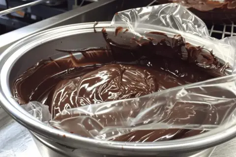 Ganache montée au chocolat dans un bol, prête pour la conservation au frigo.