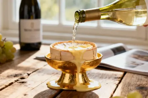 Un vin blanc pour fondue coule d'une bouteille sur un fromage fondant dans un plat doré. Des raisins verts sont à proximité.