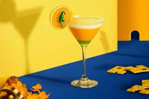 Cocktail aux couches orange et verte, garni d'une tranche d'orange avec un petit perroquet. Un exemple d'inspiration pour des noms de cocktails originaux.