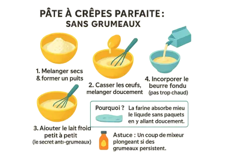 Préparation d'une pâte à crêpes parfaite sans grumeaux. Étapes : mélanger les ingrédients secs, ajouter les œufs, puis le lait froid petit à petit. Le secret anti-grumeaux !