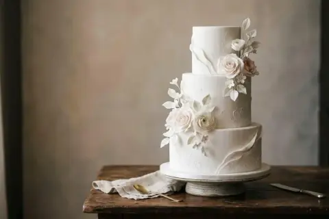 Un magnifique gâteau à trois étages, orné de roses en sucre et de feuillage délicat. Un cake design élégant pour un événement spécial.