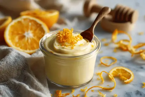 Un pot de **orange curd** crémeux, garni de zestes d'orange, avec des oranges coupées en arrière-plan.