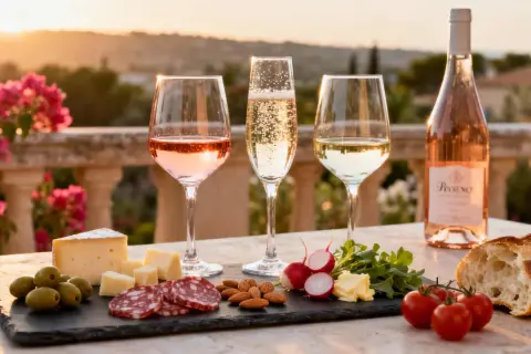 Verre de rosé, champagne et vin blanc, accompagnés d'une planche de charcuterie, fromage, olives, radis, amandes et pain. Un parfait apéritif du sud-ouest.