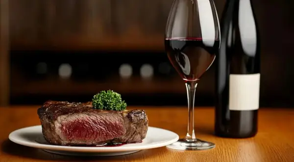 Un savoureux steak, un type de viande rouge juteuse, est servi avec un verre de vin rouge et une bouteille.