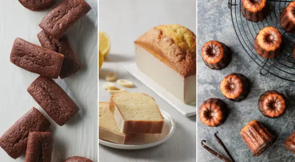 Trois types de gâteau de voyage : financiers au chocolat, cake citron et cannelés à la vanille.