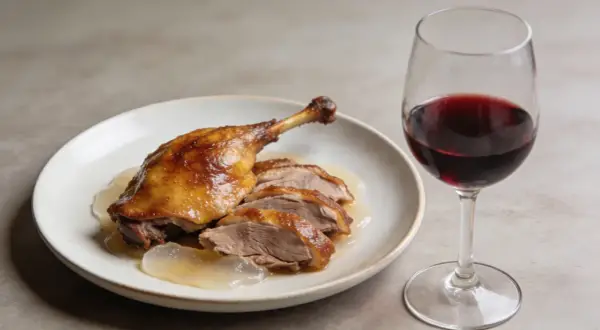 Un plat de canard rôti tranché, nappé de sauce, avec un verre de vin rouge. La question est : quel vin avec le canard ?