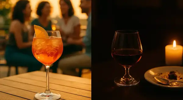 Un cocktail orange pétillant et un verre de digestif ambré, éclairé par une bougie.