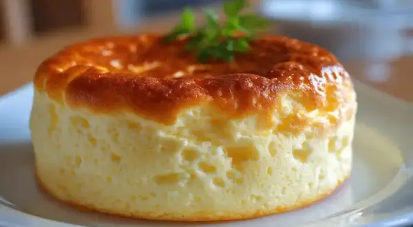 Un moelleux gâteau japonais, doré et aérien, garni d'une touche de verdure.