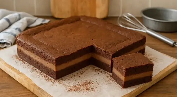 Un gâteau magique au chocolat, avec une garniture crémeuse, coupé en carré. Un délice visuel et gustatif.