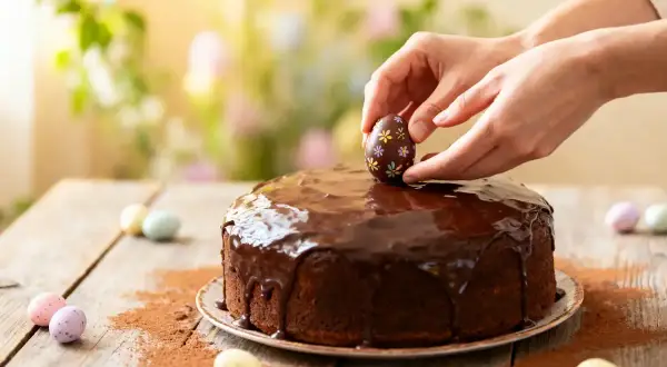 Un délicieux dessert de Pâques facile : un gâteau au chocolat glacé, décoré d'un œuf en chocolat fleuri.