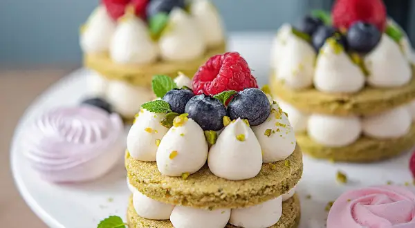 Petits gâteaux verts garnis de ganache montée chocolat blanc facile, fruits rouges et pistaches. Meringues roses en arrière-plan.