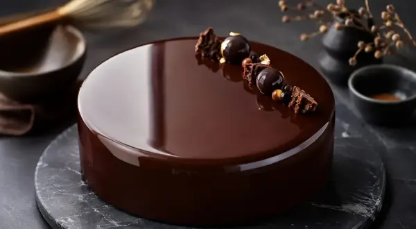 Gâteau au chocolat avec un glaçage miroir parfait, décoré de sphères chocolatées et de morceaux croustillants.