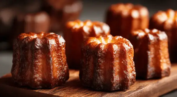 Plusieurs cannelés dorés et caramélisés sur une planche en bois.