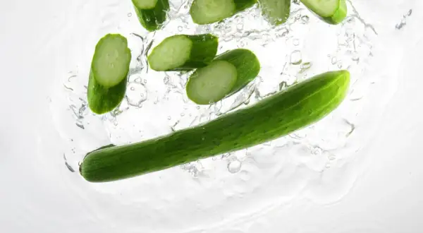 Tranches de concombre et un concombre entier tombant dans l'eau, parfait pour un cocktail concombre rafraîchissant.